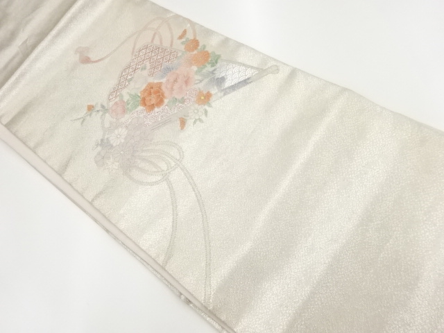 相良刺繍扇子に花々模様名古屋帯