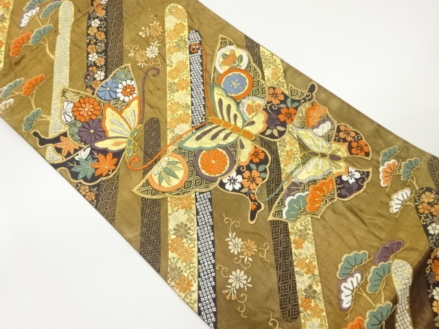 3909685: アンティーク　蝶模様織り出し袋帯 アンティーク 蝶模様織り出し袋帯(材料)：リサイクル・アンティーク