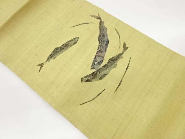 作家物　生紬手摺り木版画魚模様名古屋帯