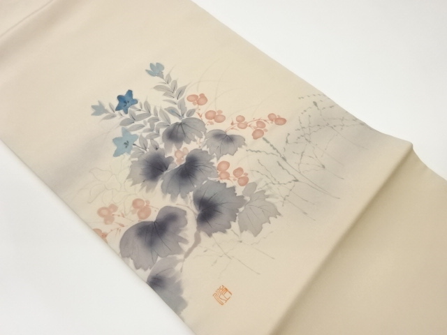 作家物　塩瀬手描き草花模様名古屋帯