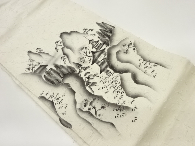 JAPANESE NAGOYA OBI / HIGE TSUMUGI / MOUNTAIN & TEMPLE / ARTIST WORK