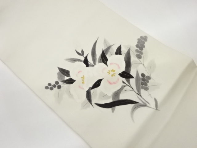 作家物　塩瀬金彩手描き花葉模様名古屋帯