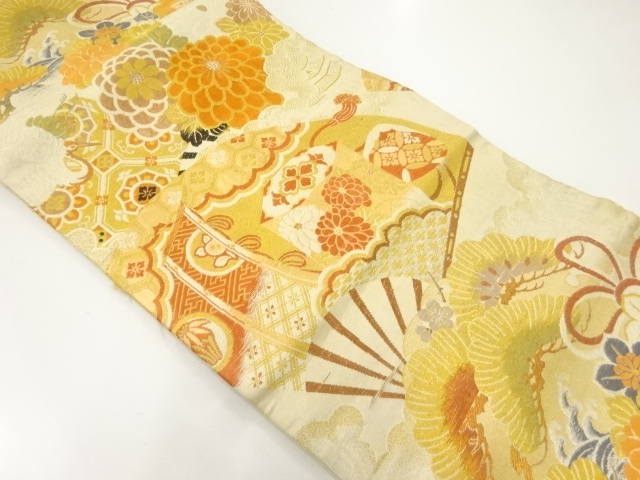 JAPANESE KIMONO / ANTIQUE NAGOYA OBI / WOVEN FAN WITH SCREEN & BUCKET