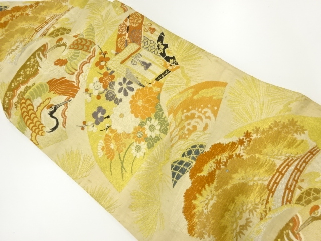 JAPANESE KIMONO / ANTIQUE NAGOYA OBI / WOVEN CRANE & KIKU