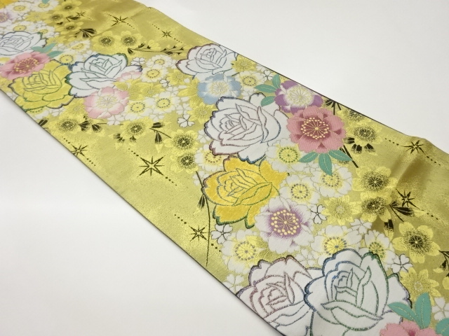 【即決送料無料】薔薇に桜模様織出し振袖用袋帯 薔薇に桜模様織出し袋帯中古着  薔薇に桜模様織