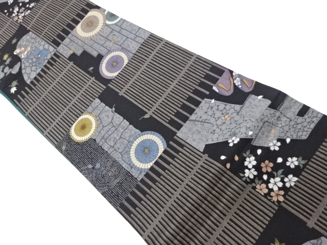 市松に草履・和傘模様全通袋帯