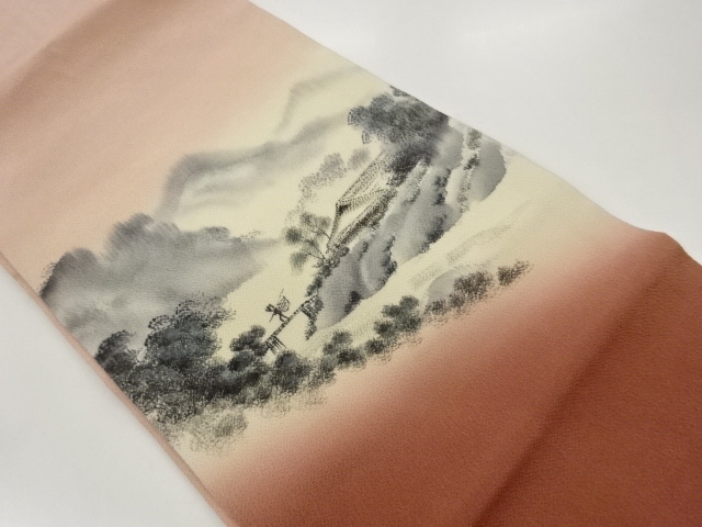 作家物　縮緬地手描き屋敷に人物・遠山模様名古屋帯