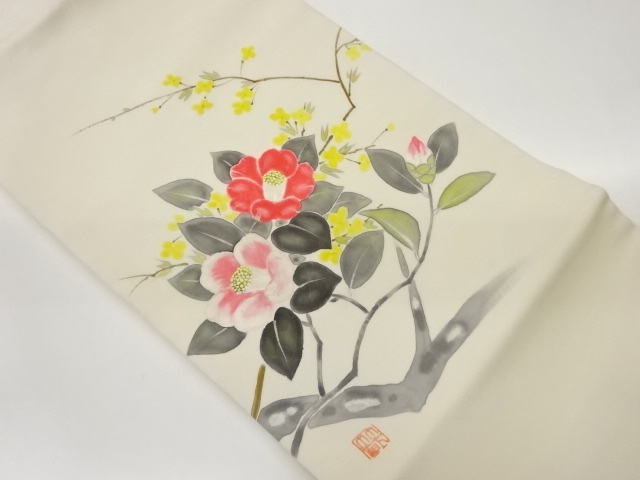JAPANESE NAGOYA OBI / SHIOZE / HAND PAINTED / CAMELLIA / ARTIST WORK