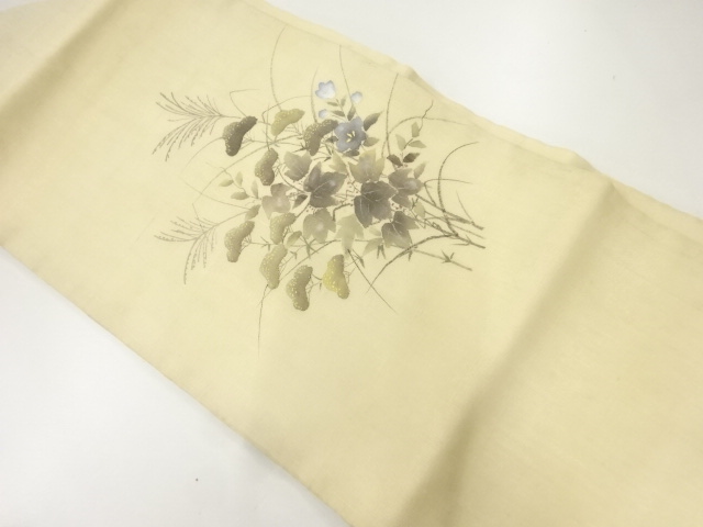 ys6768466; 手織り紬変わり横段に花々模様刺繍名古屋帯 ( 日本製 名古屋帯 麻 刺繍入り) お仕立て上がり洗える