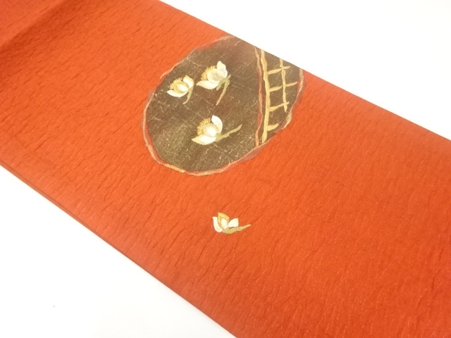 JAPANESE FUKURO OBI / UNUSED / EMBROIDERY / MATELASSE / FLORAL PLANTS(NON-TAILORED)