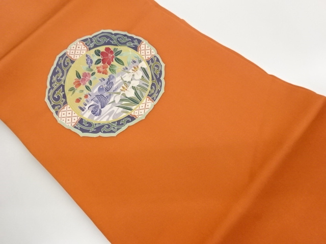 作家物　塩瀬鏡裏に鴛鴦・草花模様名古屋帯