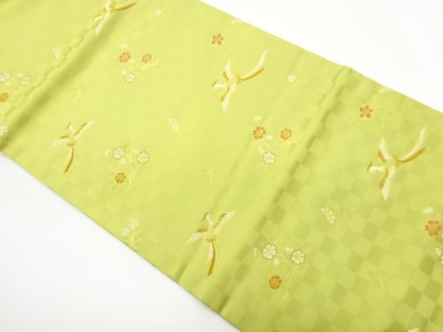 市松に花鳥模様織出し開き名古屋帯（額縁仕立て）