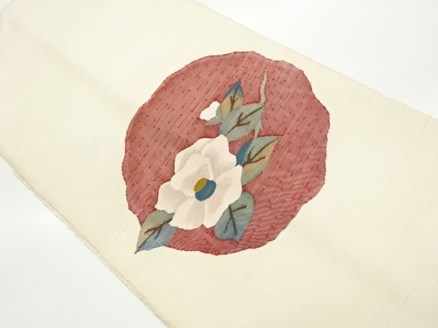 JAPANESE NAGOYA OBI / UNUSED / TSUMUGI / WOVEN CAMELLIA