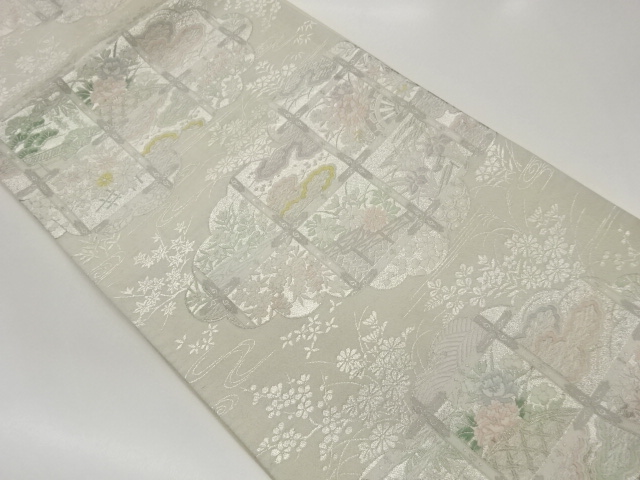 雲取りに格天井・花々模様織出し袋帯