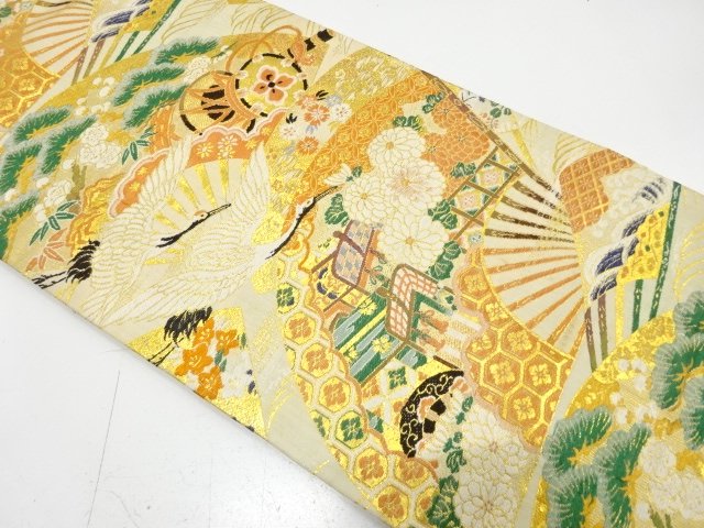 アンティーク　扇に御所車・鶴・古楽器模様織り出し丸帯（着用可）