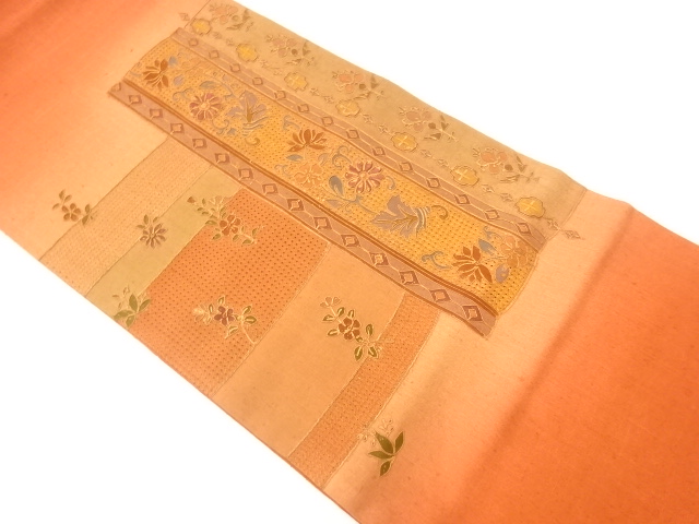 未使用品　手織り紬　汕頭蘇州刺繍　花唐草模様袋帯