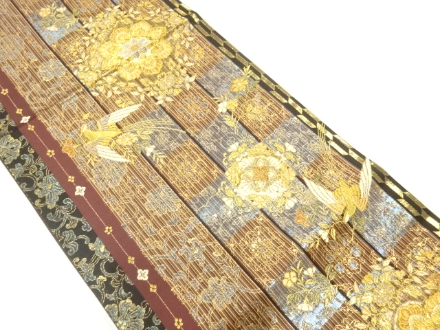 JAPANESE KIMONO / FUKURO OBI / SILK / WOVEN FLORAL CREST & BIRDS