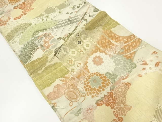 アンティーク　几帳に草花模様織り出し丸帯(材料)