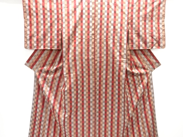 アンティーク　格子織出し手織り紬着物アンサンブル