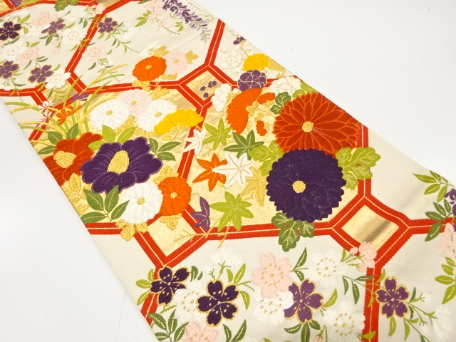 宗sou 絽紗菱に菊桐模様織出し袋帯 菱に菊・桐模様織り出し 袋帯中古着 宗sou : お