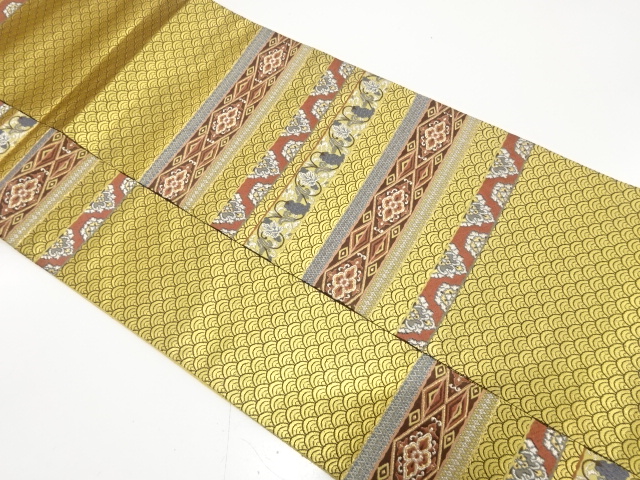 JAPANESE KIMONO / UNUSED FUKURO OBI / SILK / WOVEN STRIPE & SEIGAIHA & FLORAL SARASA