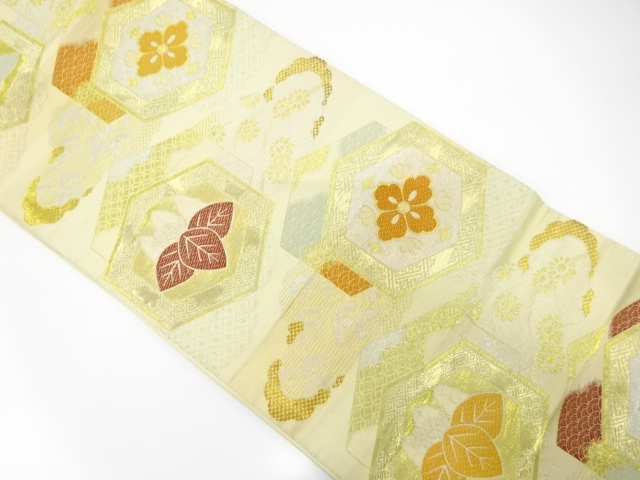 JAPANESE KIMONO / ANTIQUE FUKURO OBI / WOVEN KIKKO & PAULOWNIA & KIKU & KASAMATSU