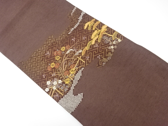 手織り紬　霞取りに松・菊・芒模様　刺繍　開き名古屋帯（額縁仕立て）