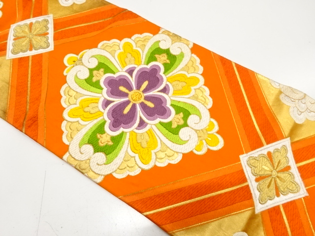 JAPANESE KIMONO / ANTIQUE FUKURO OBI / SILK / WOVEN DIAGONAL GRID & FLORAL CREST