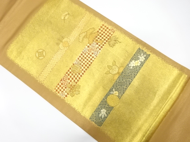 引箔　小槌に菊・桐・松模様　刺繍　袋帯