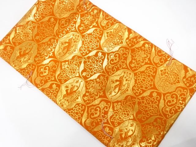 JAPANESE KIMONO / UNUSED FUKURO OBI / SILK / GOLD FOIL / WOVEN MESH & FLOWERS & BIRDS