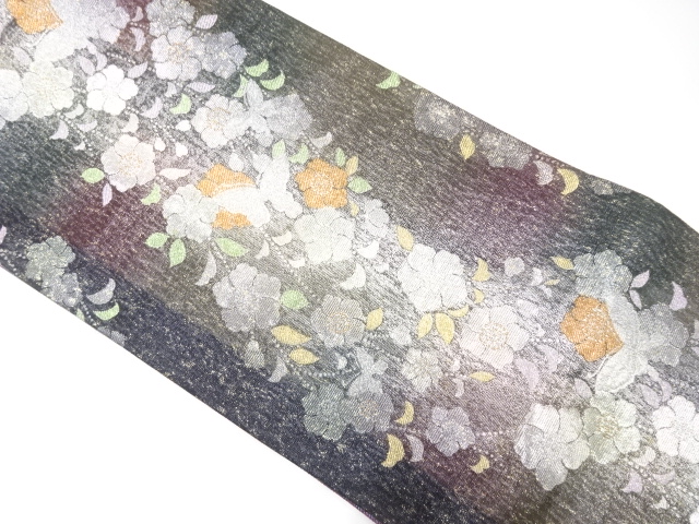 縞に枝垂れ花・蝶模様織り出し　振袖用袋帯