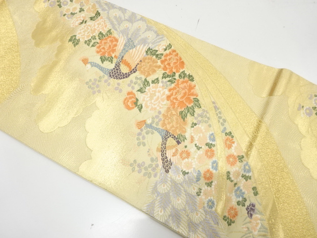 未使用品　束ね熨斗に牡丹・孔雀・菊模様織り出し　袋帯