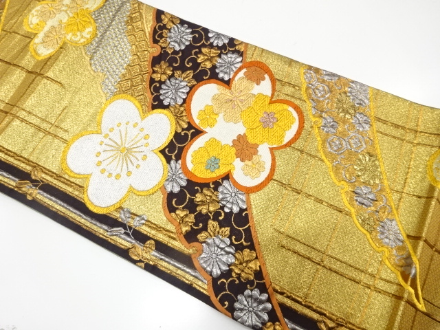 雪芝に梅・菊・萩模様織り出し　振袖用袋帯