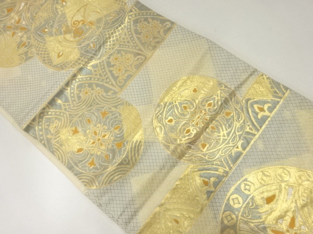 アンティーク　横段に絵皿・花模様織出し袋帯（材料）