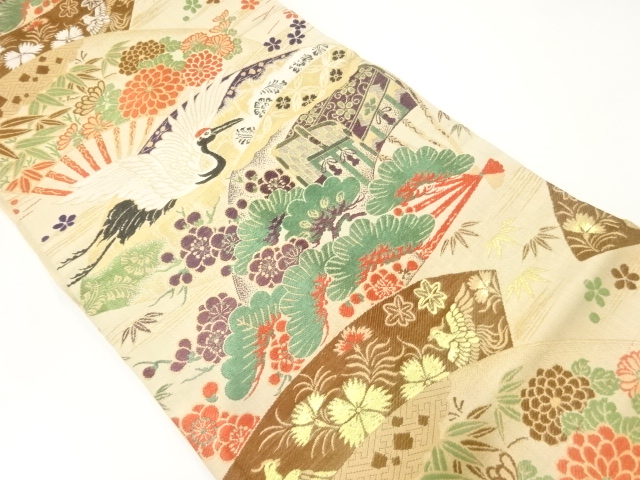 JAPANESE KIMONO / ANTIQUE NAGOYA OBI / WOVEN CRANES & SHOCHIKUBAI