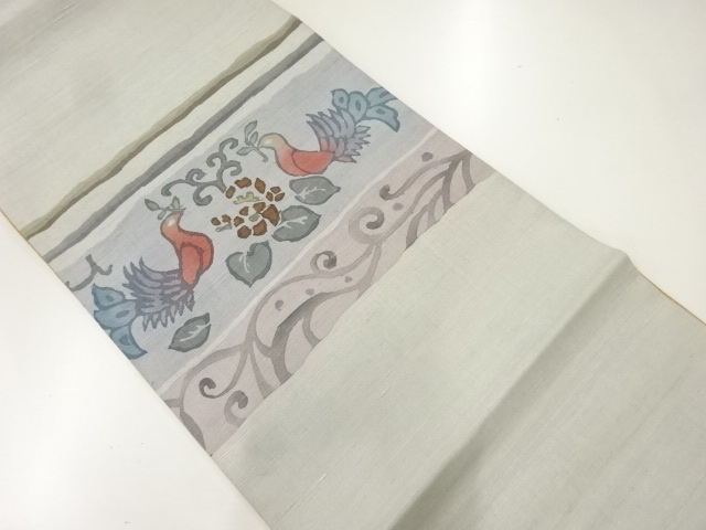 作家物　手織り紬向かい花喰い鳥模様袋帯