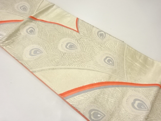 JAPANESE KIMONO / ANTIQUE FUKURO OBI / SILK / WOVEN PEACOCK FEATHER
