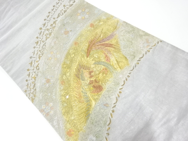 宗sou アンティーク 枝梅に扇花鳥模様刺繍振袖 アンティーク 名古屋帯 檜扇に百花模様 刺繍 繻子 正絹 着物