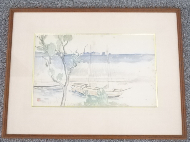 絵画　土田麦僊筆　「熊野風景」　肉筆額装（土田鏡子鑑定シール付）