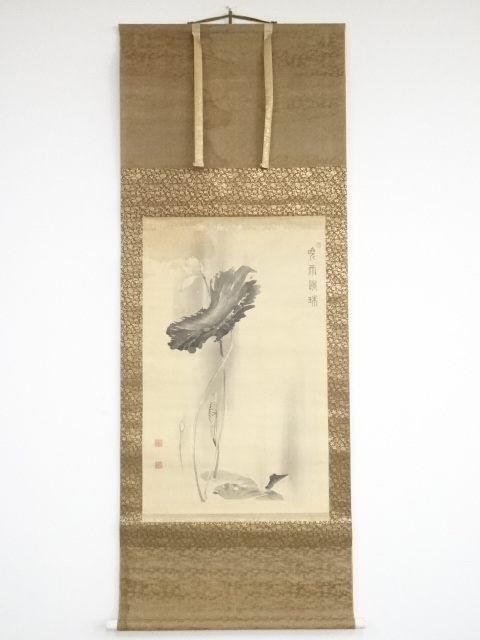 紀広成筆　蓮花図　肉筆絹本掛軸（箱付）