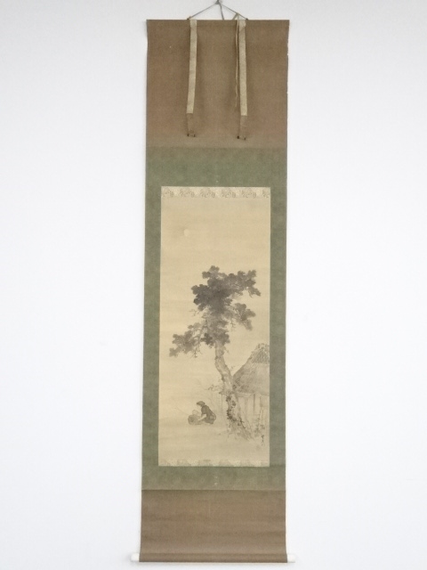 望月玉川筆　月下秋砧図　肉筆紙本掛軸（箱付）