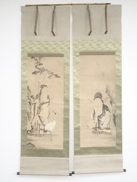 江戸中期～後期頃　蒼田斎筆　寿老人・福禄寿双幅　肉筆紙本掛軸（保護箱）