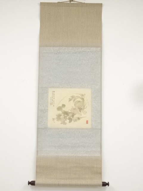 高森砕巌筆　草花図双幅　肉筆絹本掛軸（保護箱）