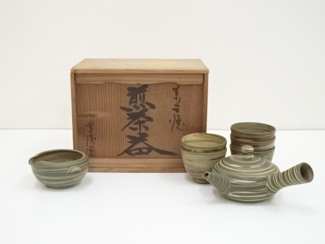 萬古焼　翠涛園造　練上煎茶器セット（共箱）