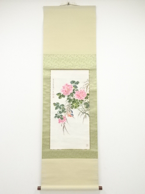 賀孟昭筆　指画花鳥　肉筆紙本掛軸（景嘉箱書）