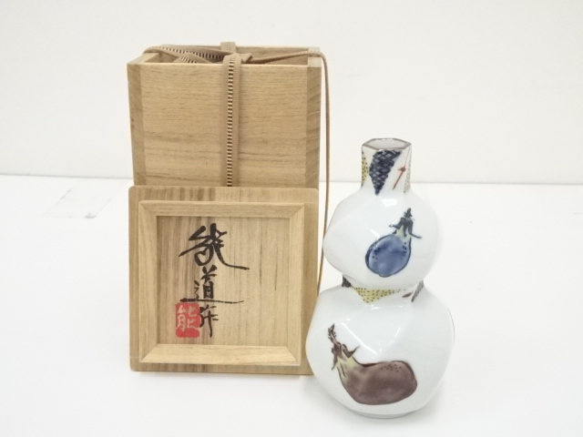 人間国宝藤本能道造　色絵茄子ねじ徳利（共箱）