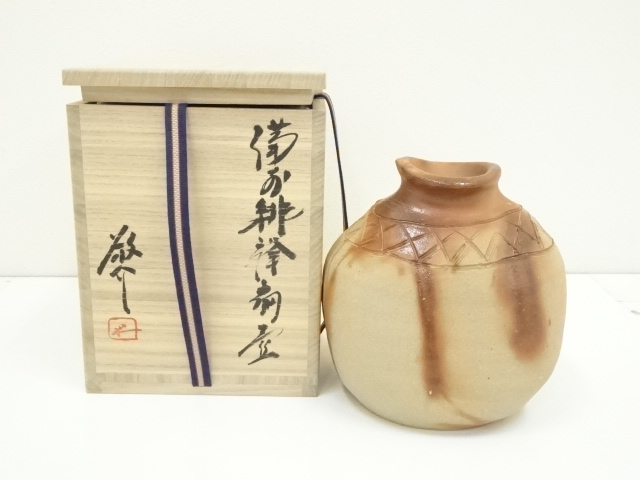 藤原敬介造　備前緋襷扁壷（共箱）