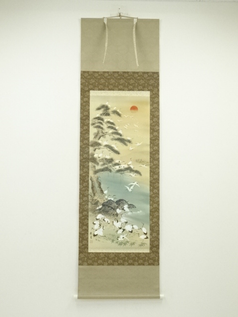 JAPANESE HANGING SCROLL / HAND PAINTED / CRANES 