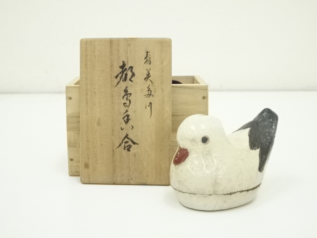 花押書付箱又妙斎好木彫鶴香合 飛び散っ 茶道具